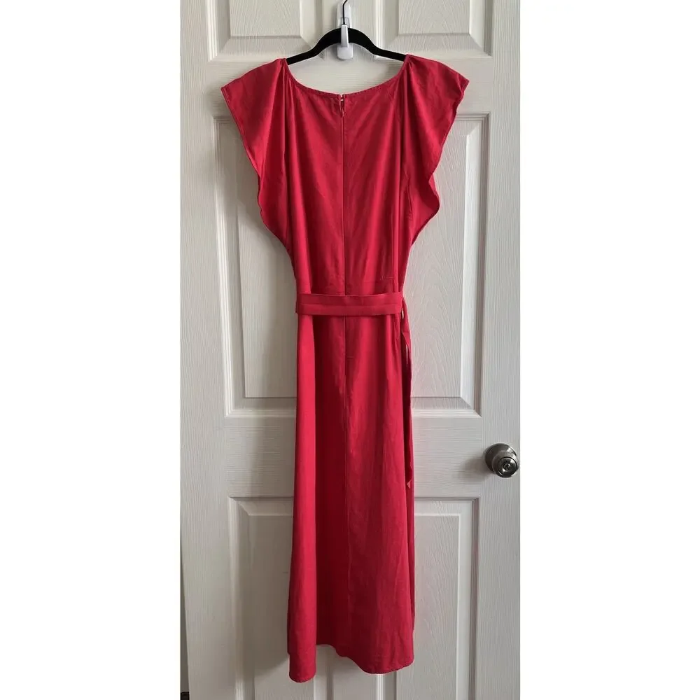 ANN TAYLOR LOFT 2024 Cherry Red Linen Blend Belted Flutter Sleeve Midi Dress 10 - Picture 6 of 14